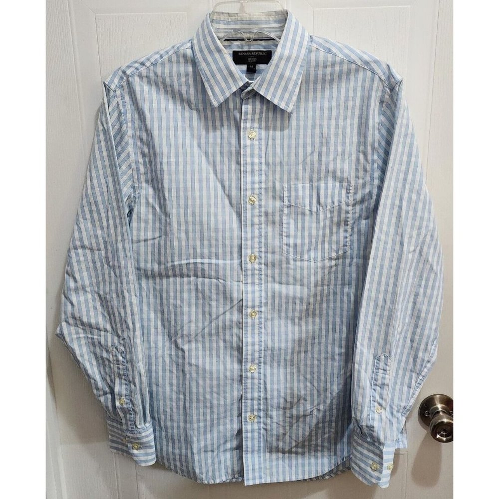Banana Republic Non Iron Slim Fit White‎ Blue Paid Button Up Shirt Sz M Cotton